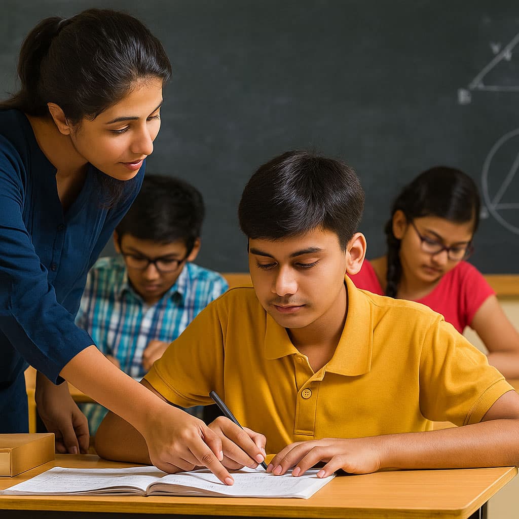 Teacher explaining Maths concepts to CBSE student at Usha Tutorials tuition class in Kalwa Thane